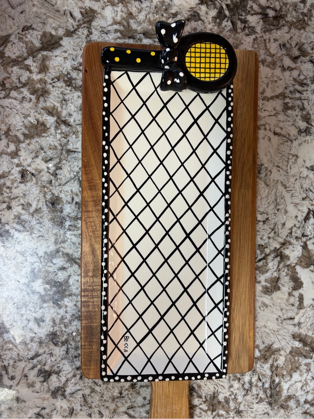 BECCA Black & White Lattice Ceramic Serving Platter w/ tennis racket Accent bow